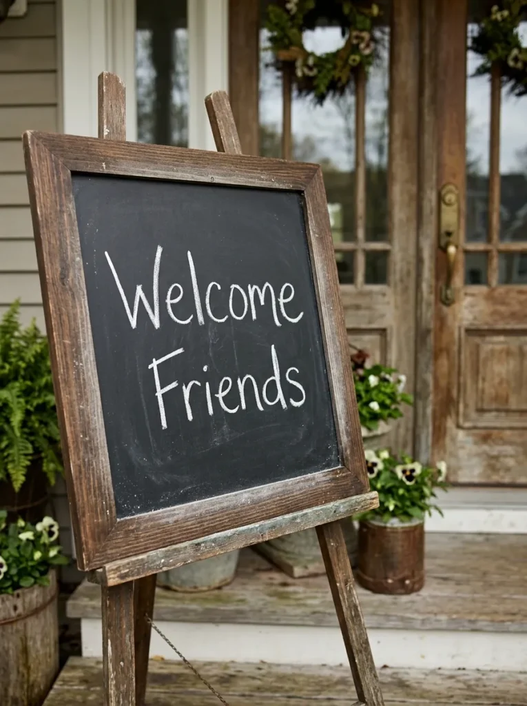 Hand-lettered chalkboard sign on an easel by a front door