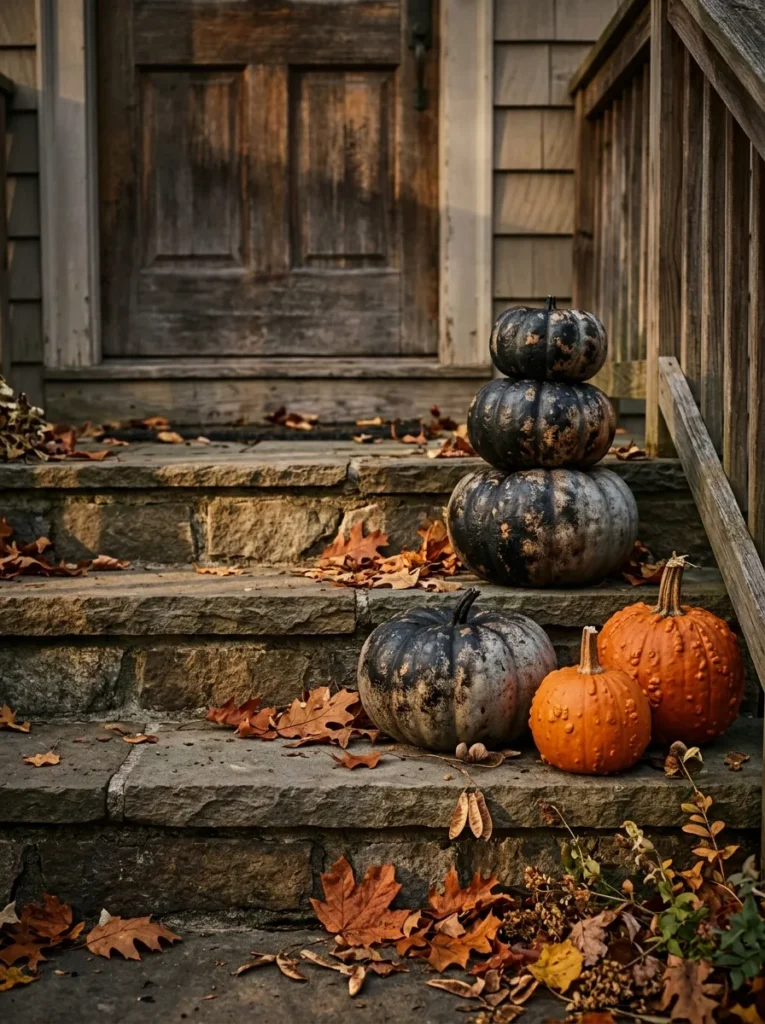 Stack of charred black mottled pumpkins near porch steps