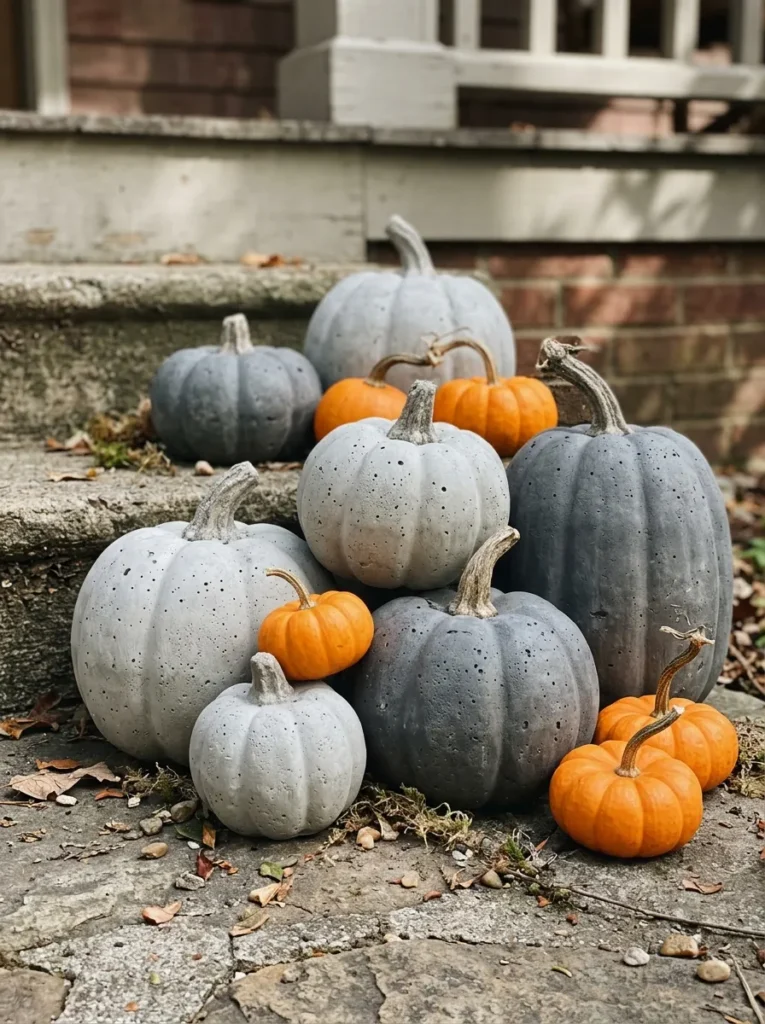 Gray concrete pumpkins clustered near porch steps