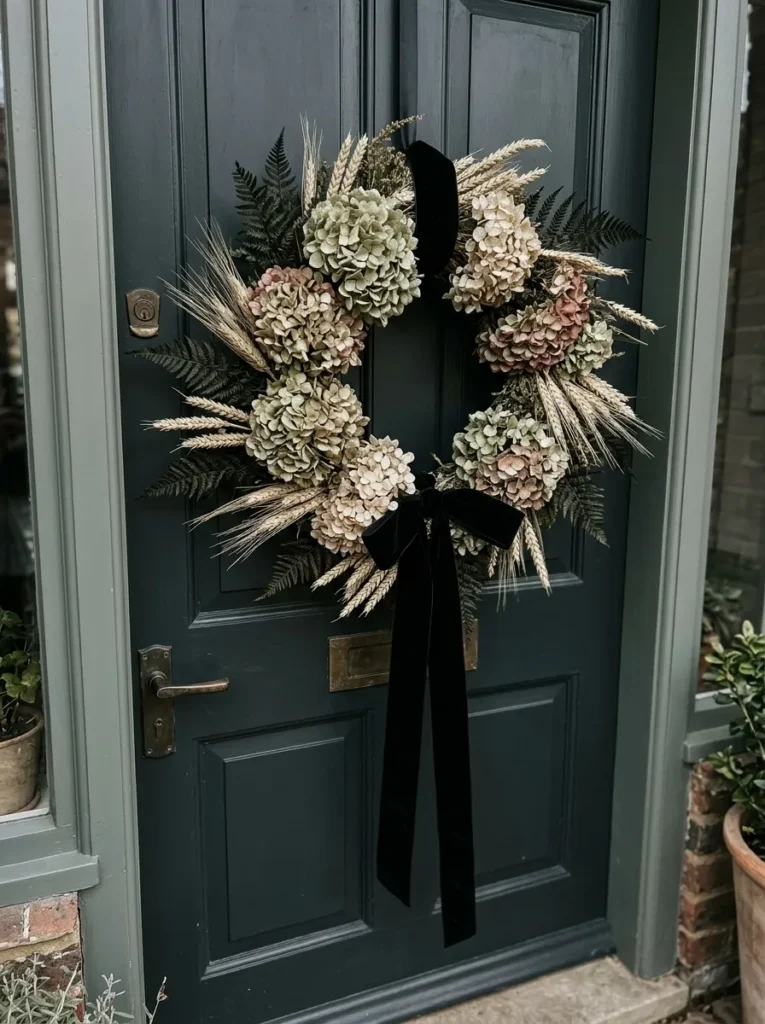 Dark dried floral wreath with black ribbon on a front door