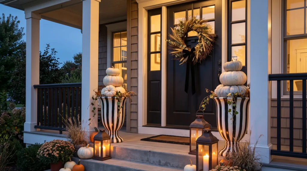 Elegant black-and-white Halloween front porch with striped urns, white pumpkins, and warm lantern light