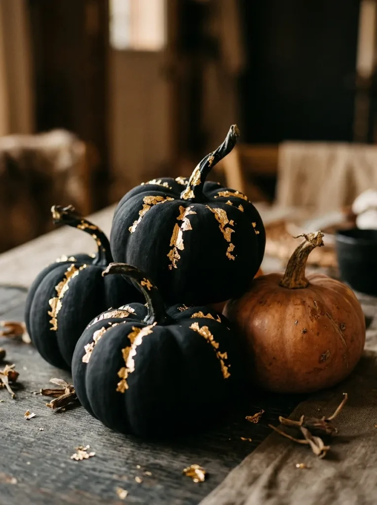 Matte black pumpkins with gold leaf accents on a porch step