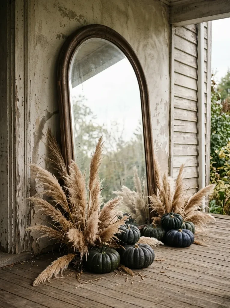 Arched mirror leaned against a porch wall with dried grasses