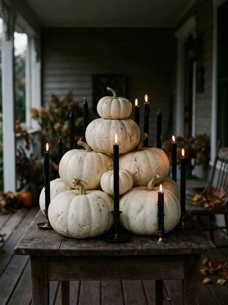 Wrought-iron candelabra with black drip candles on a covered porch