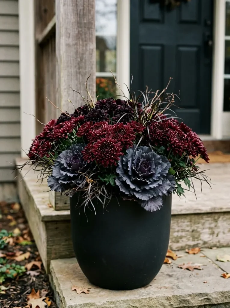 Deep burgundy mums with dark kale in a black container
