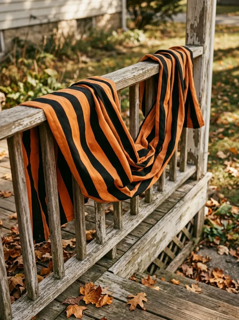 Black-and-orange striped fabric draped along a porch railing