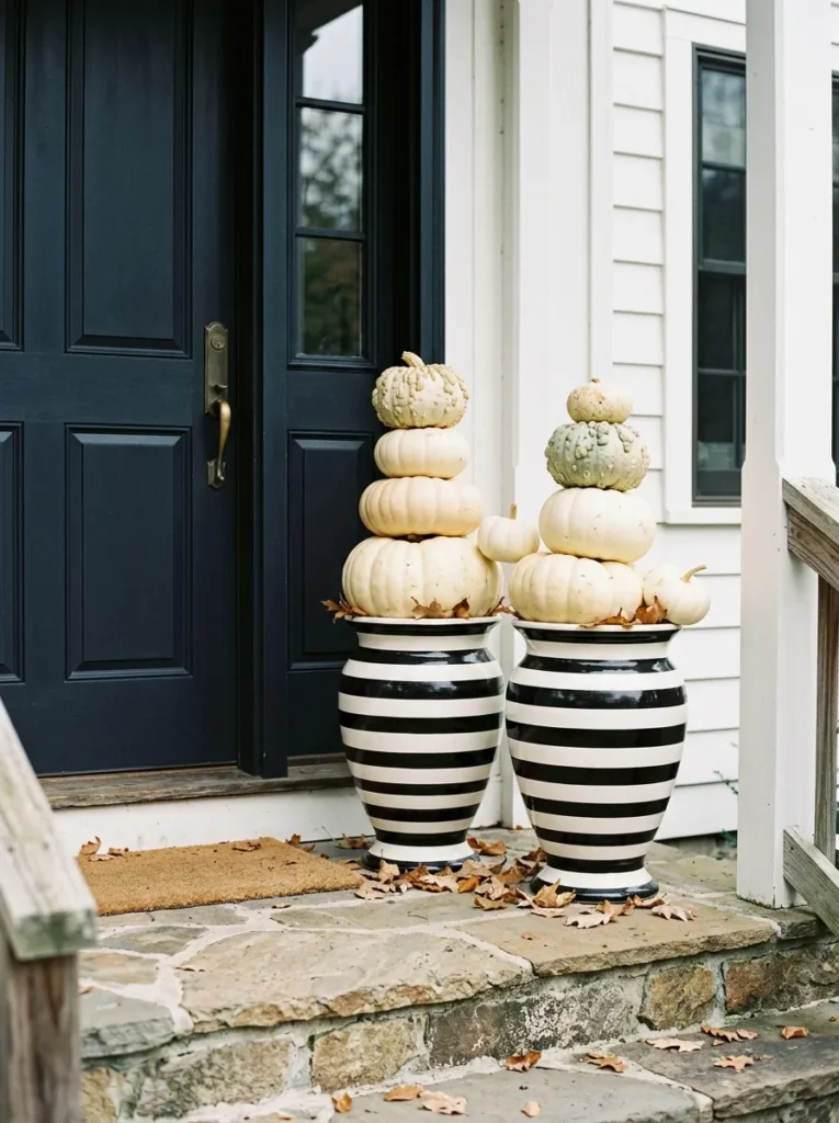 Black-and-white striped urns filled with stacked white pumpkins by a dark front door