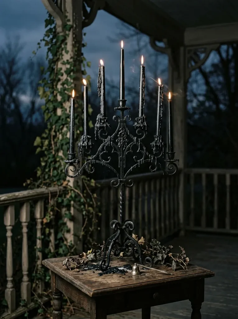 White pumpkin pyramid with black taper candles on a porch table