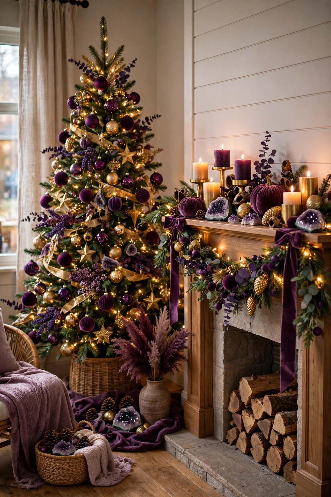 Christmas tree and mantel corner decorated with amethyst purple and plum ornaments and gold accents