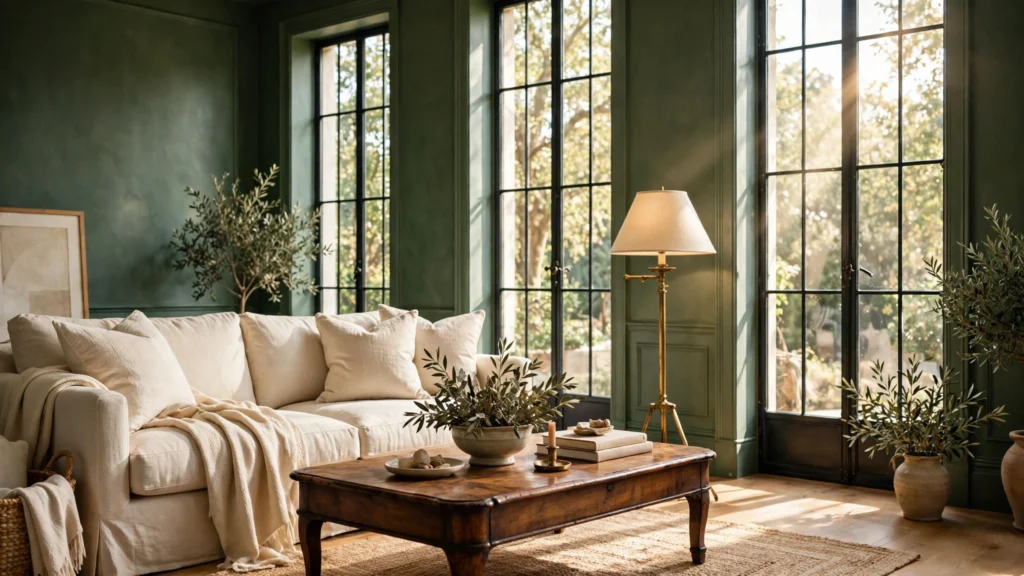 Elegant living room with deep artichoke green walls, brass accents, and warm natural light