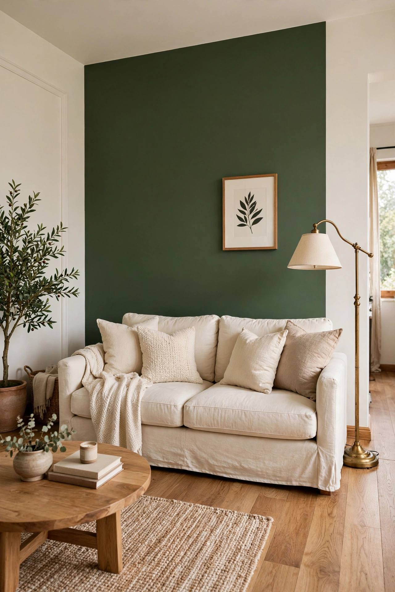 Living room with one artichoke green accent wall behind a cream sofa and brass floor lamp