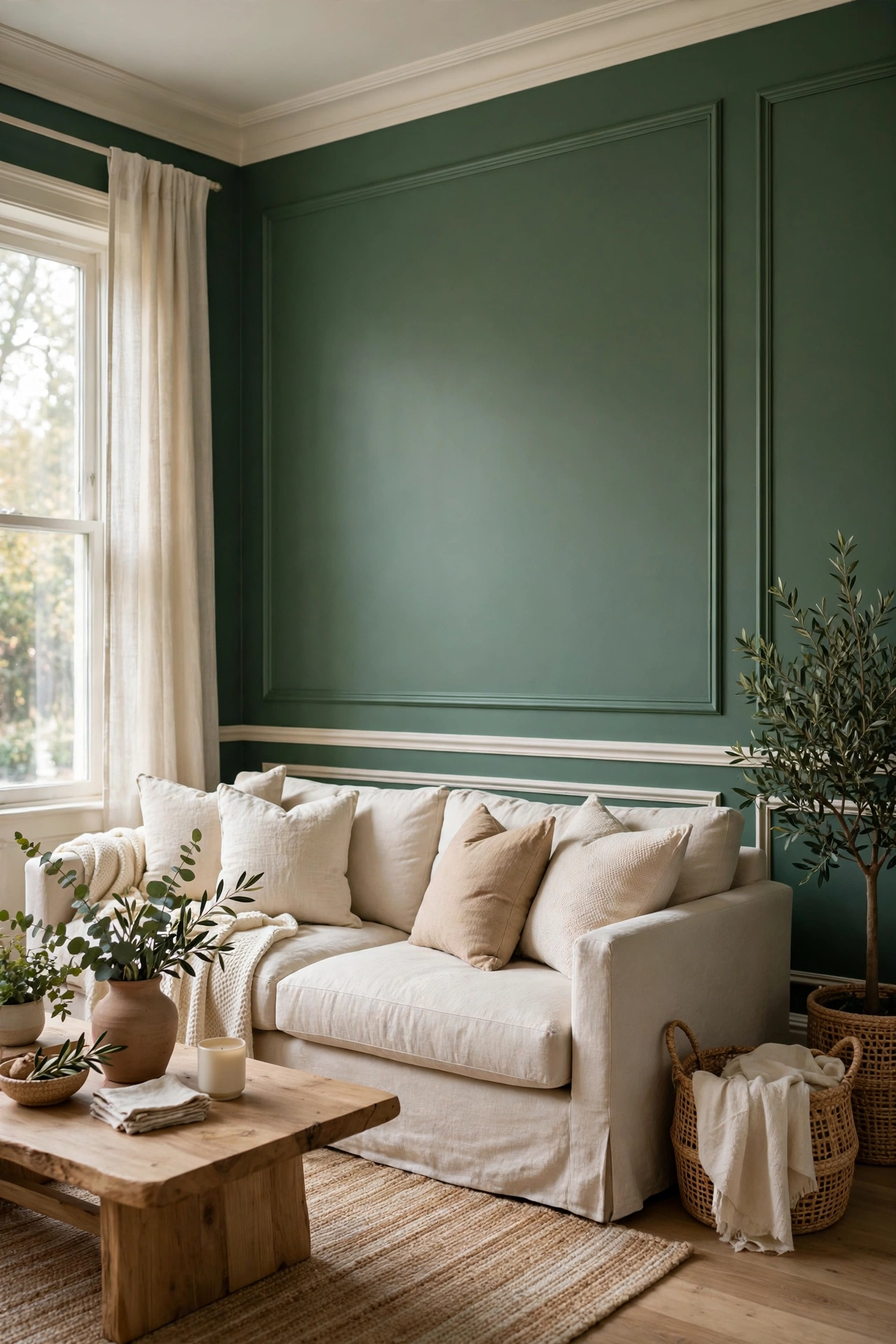 Artichoke green walls with crisp white trim and cream linen sofa