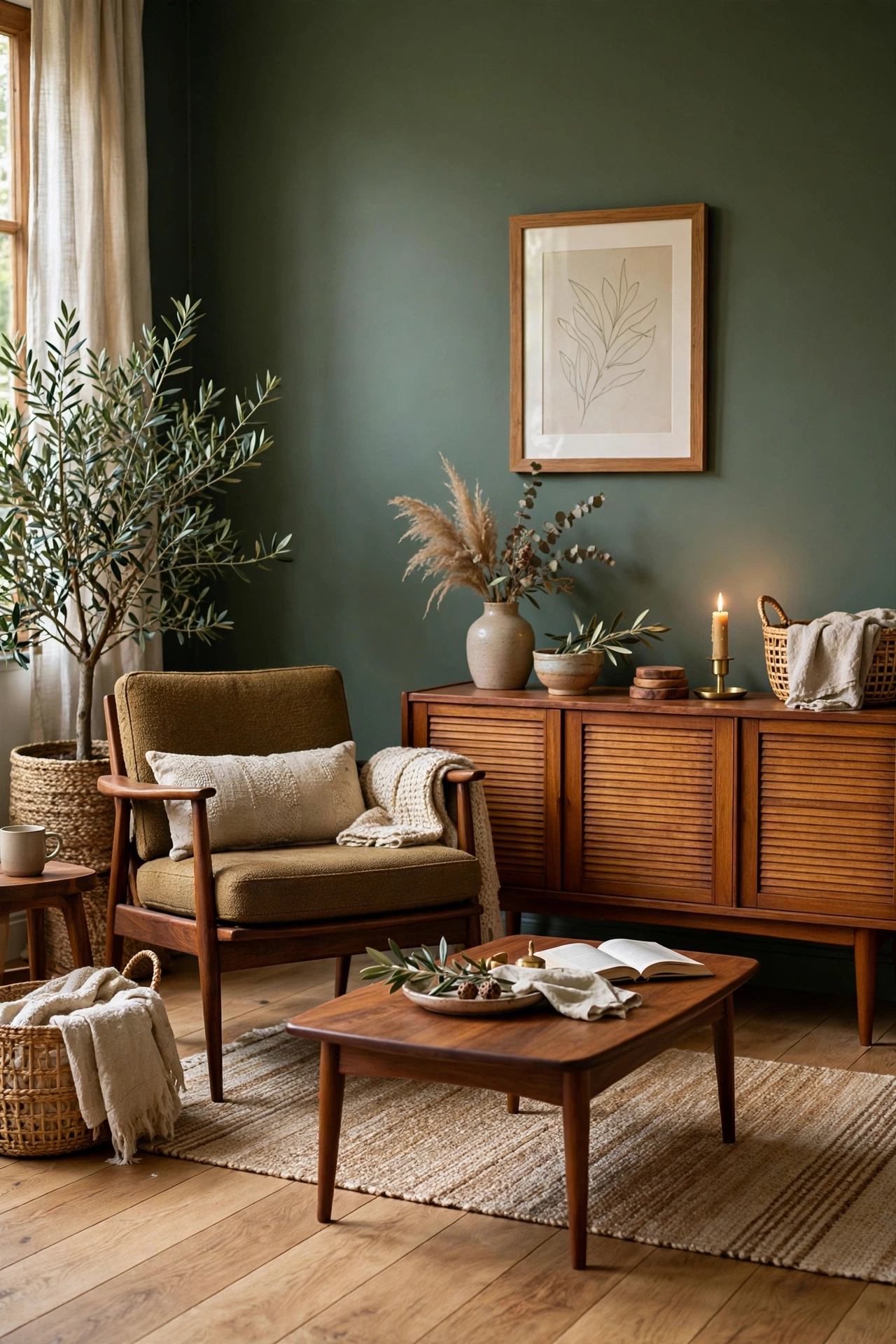 Artichoke green room with oak floors, walnut furniture, and natural wood textures