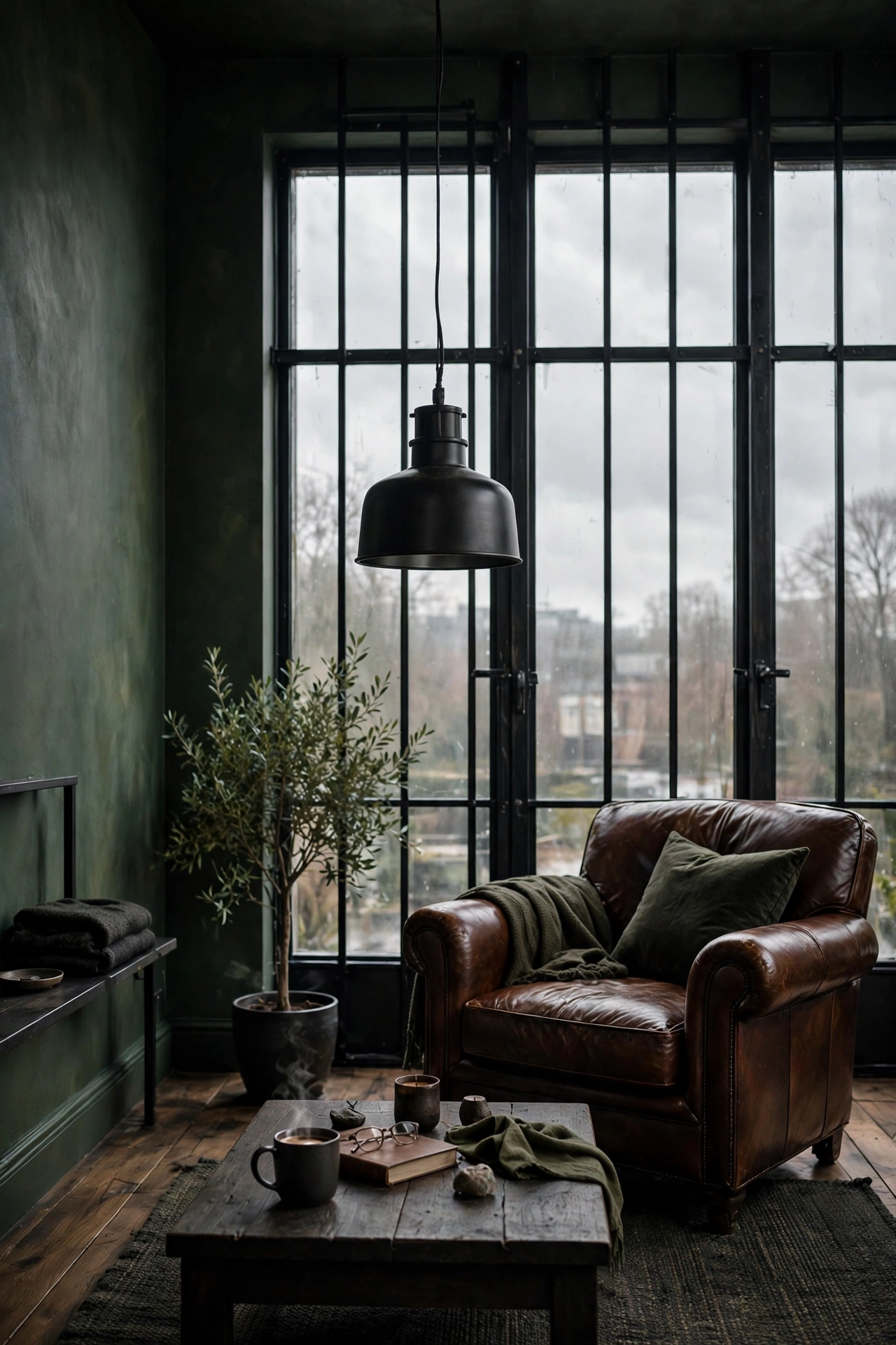 Artichoke green living room with black window frames and dark pendant lighting