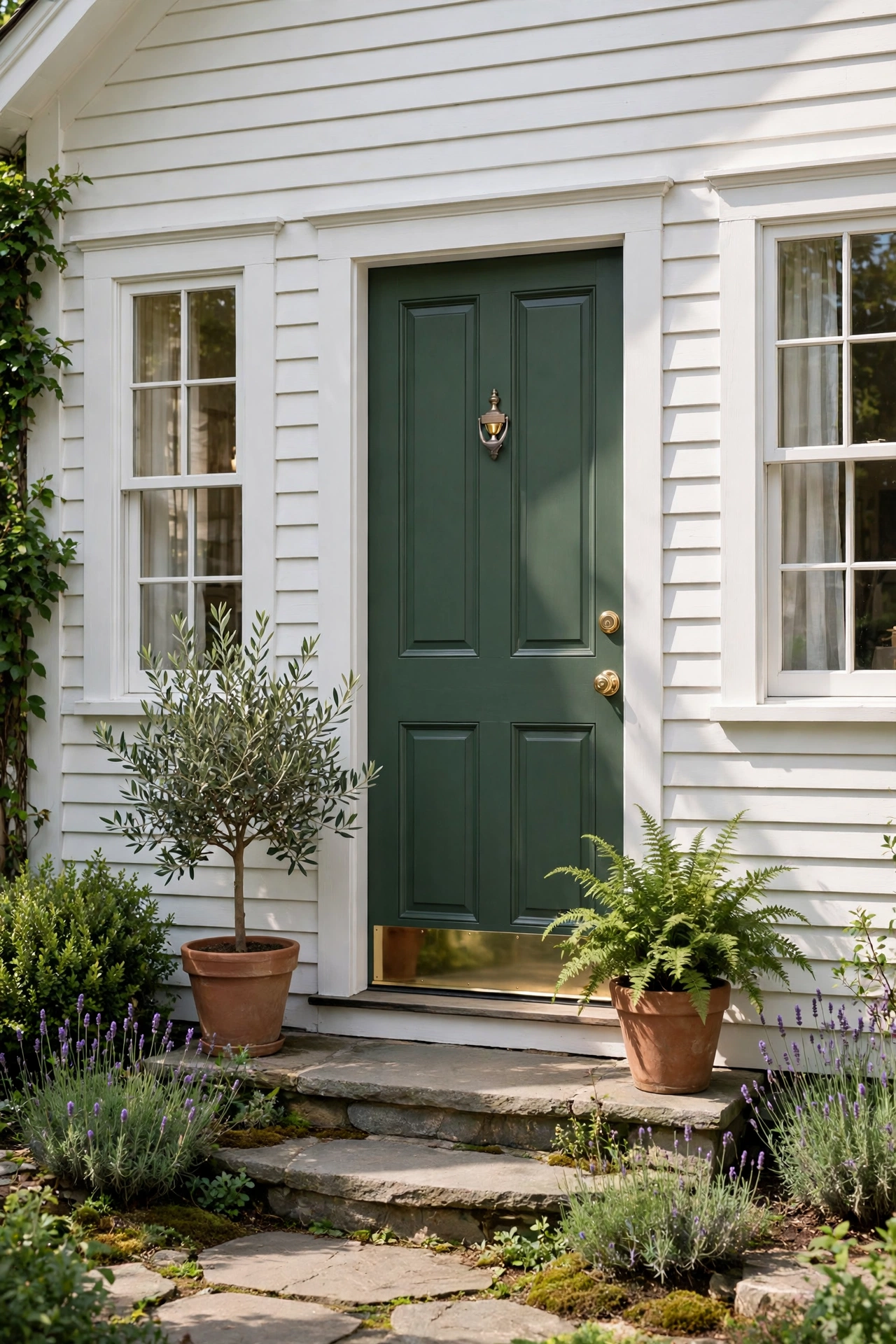 Charming house exterior with an artichoke green front door and white siding