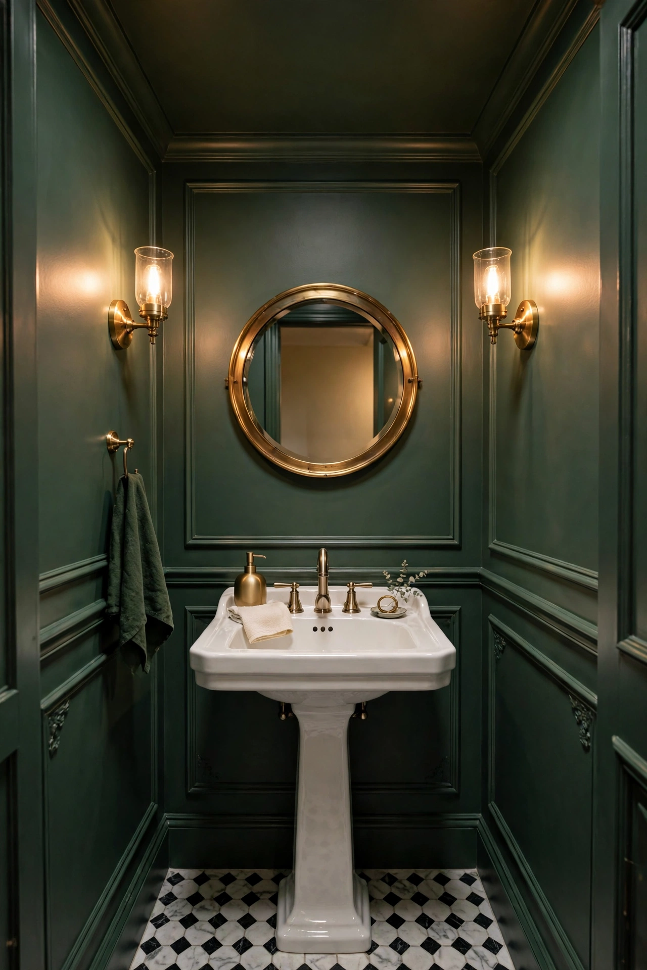 Small powder room with artichoke green walls, brass mirror, and white sink