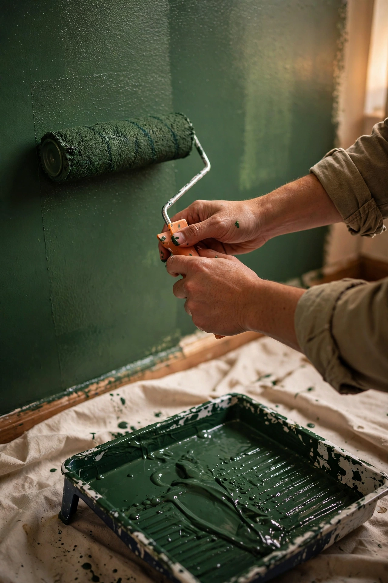Close-up of hands painting a wall artichoke green with a roller, even coverage