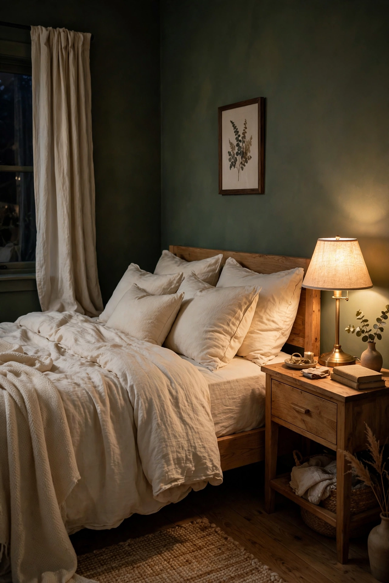 Moody bedroom with artichoke green walls, cream bedding, and a brass bedside lamp