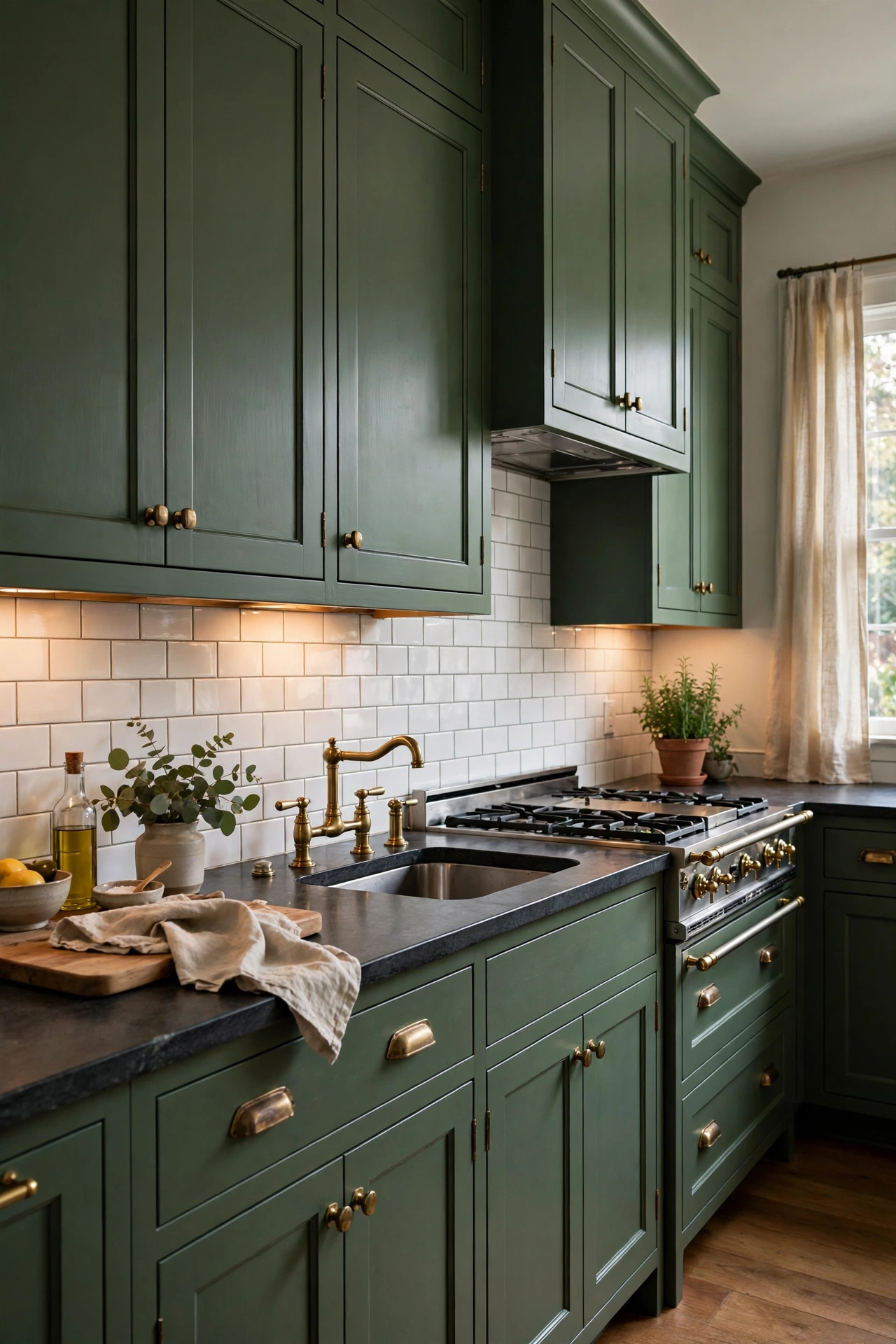 Kitchen with artichoke green Shaker cabinets, brass hardware, and dark stone countertops