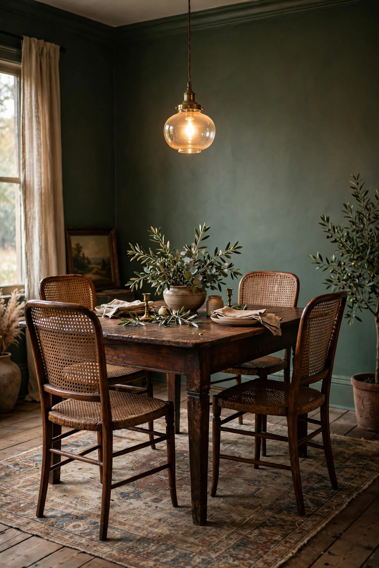 Dining room with artichoke green walls, antique wood table, and woven cane chairs