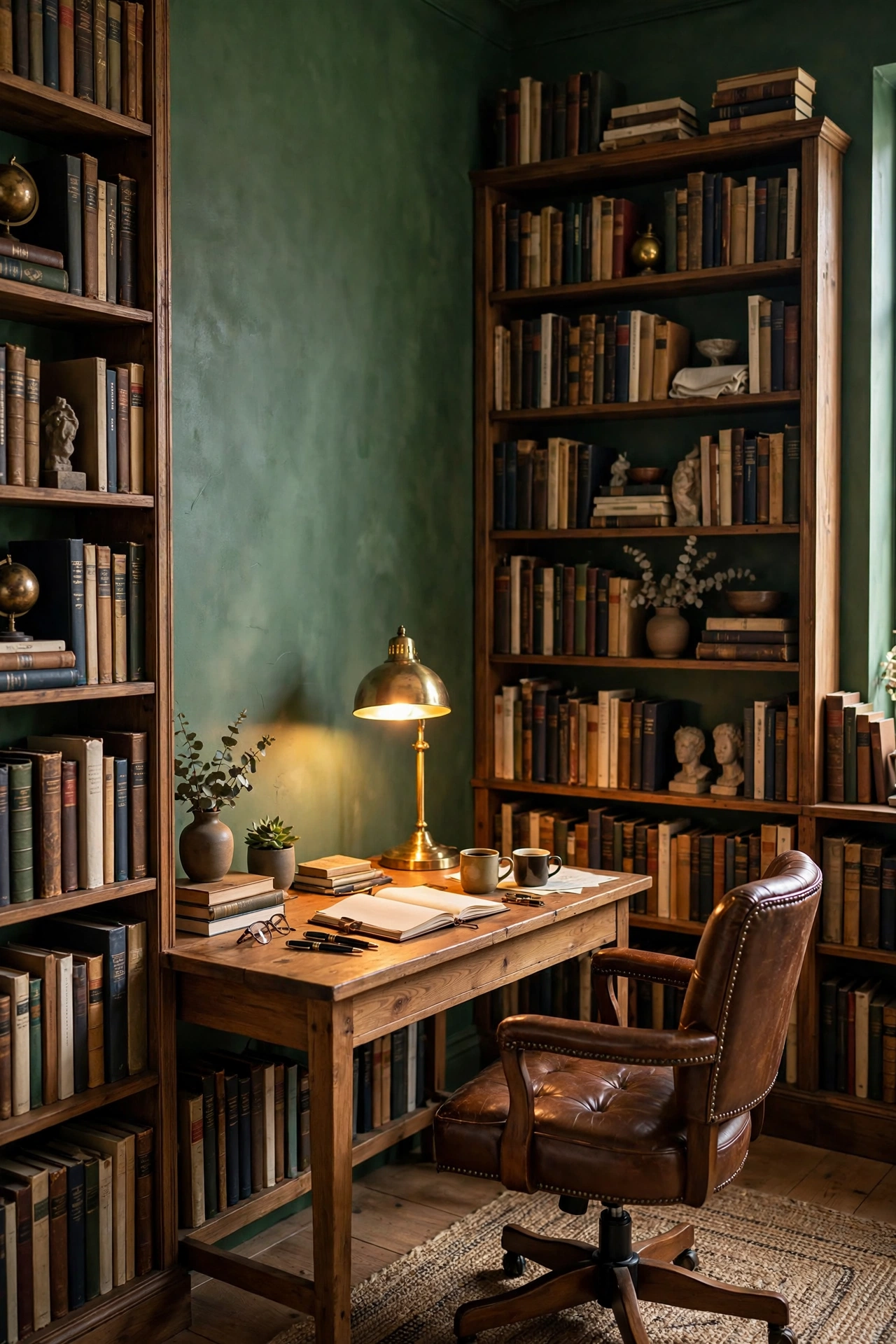 Home office with artichoke green walls, wood bookshelves, and a leather desk chair