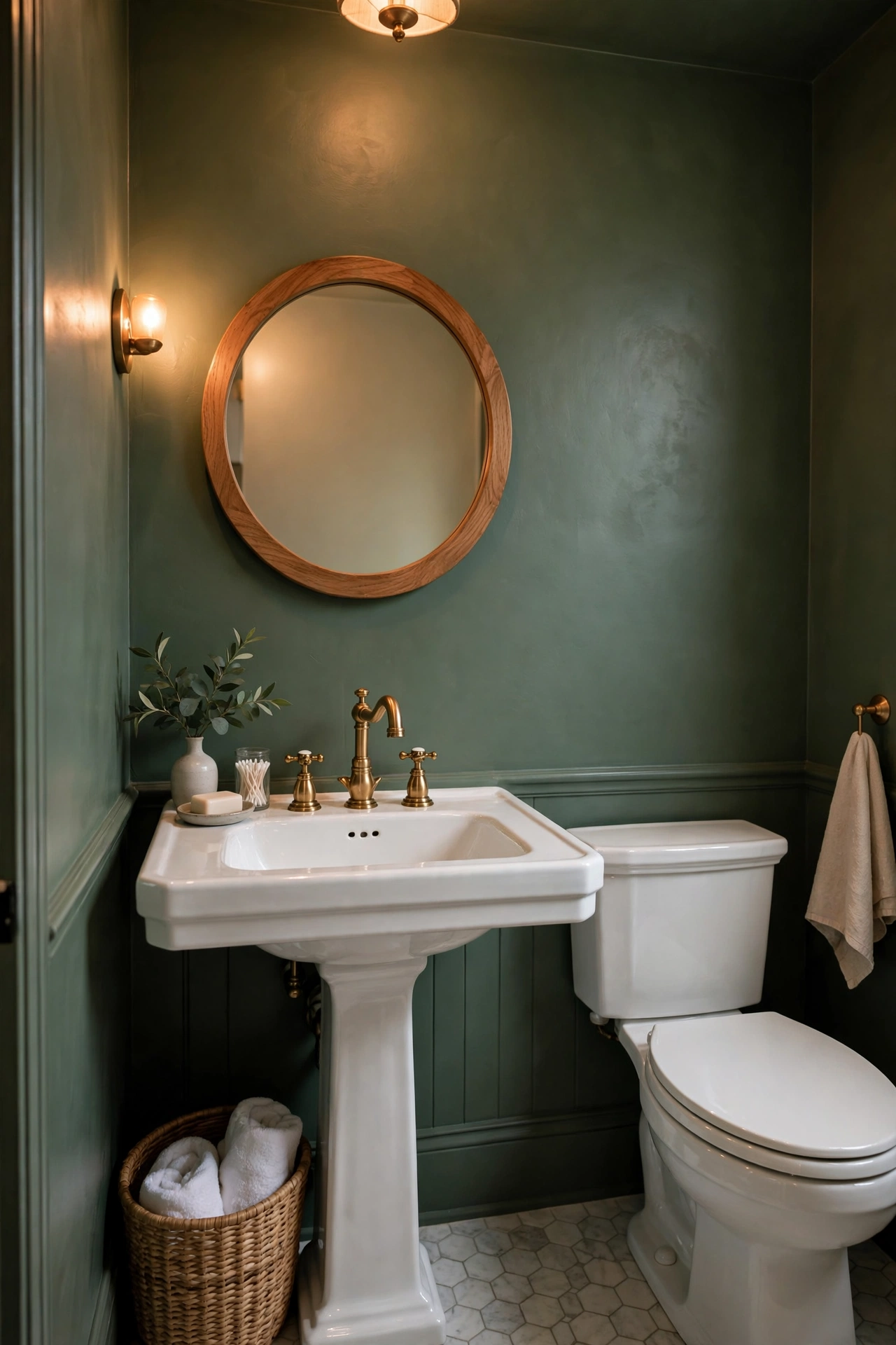 Bathroom with artichoke green walls, white fixtures, and brass taps