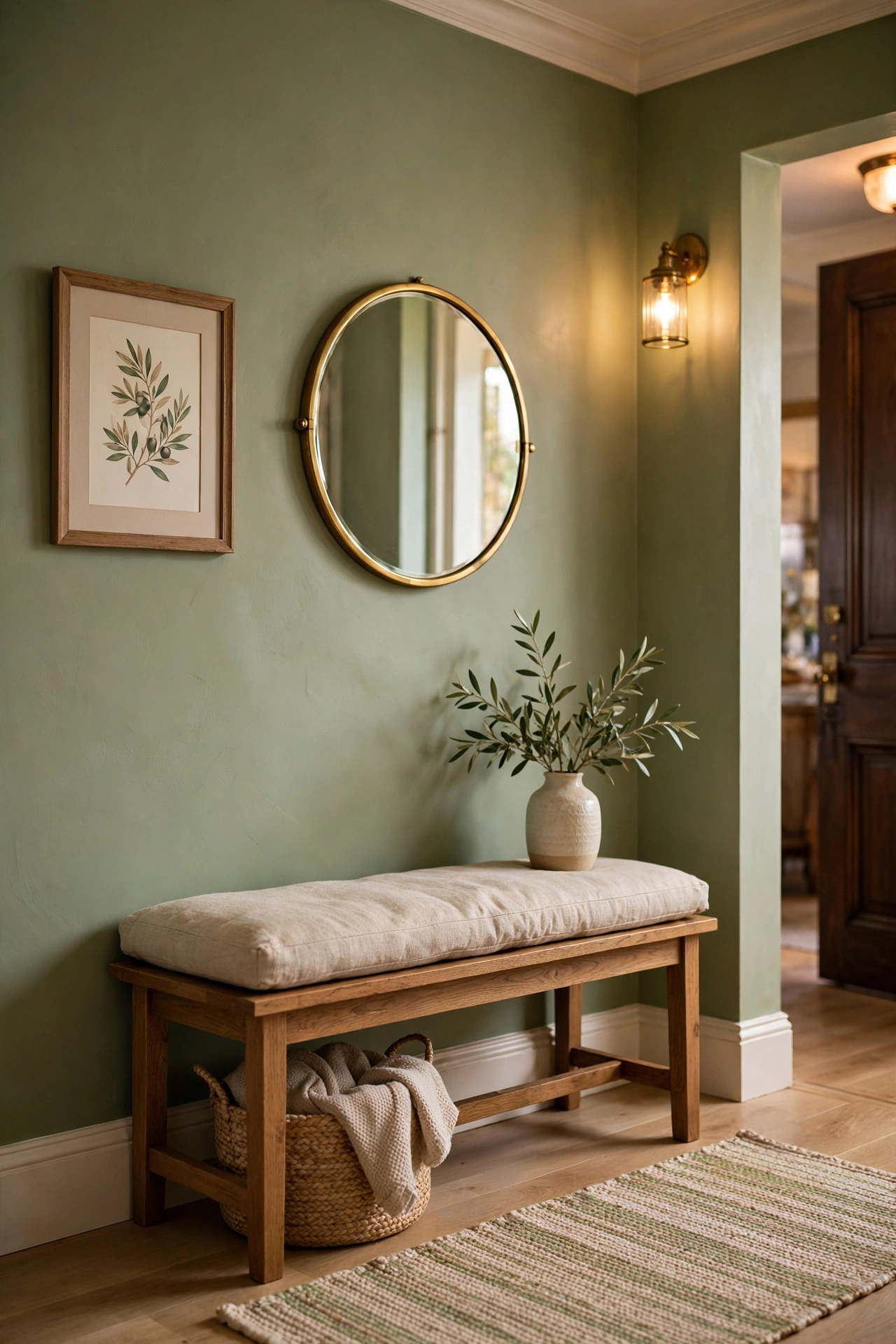 Entryway with artichoke green walls, wooden bench, and round mirror