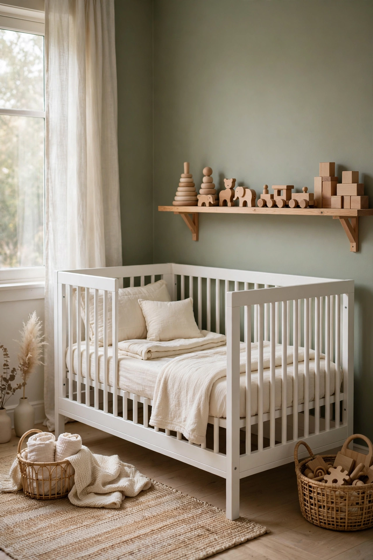 Nursery with soft artichoke green walls, white crib, and natural wood toys