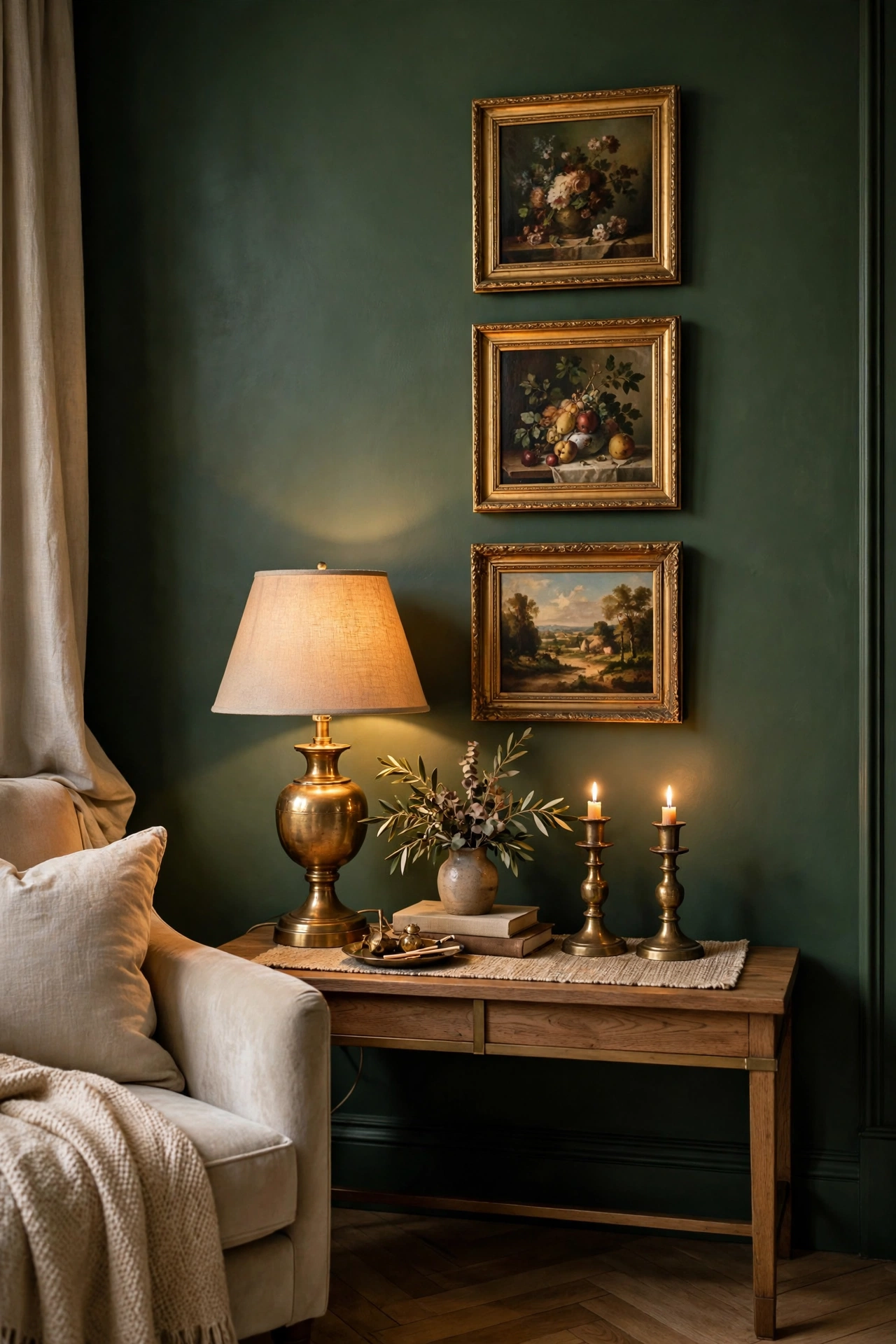 Artichoke green room styled with brass lamp, gold frames, and warm metal accents