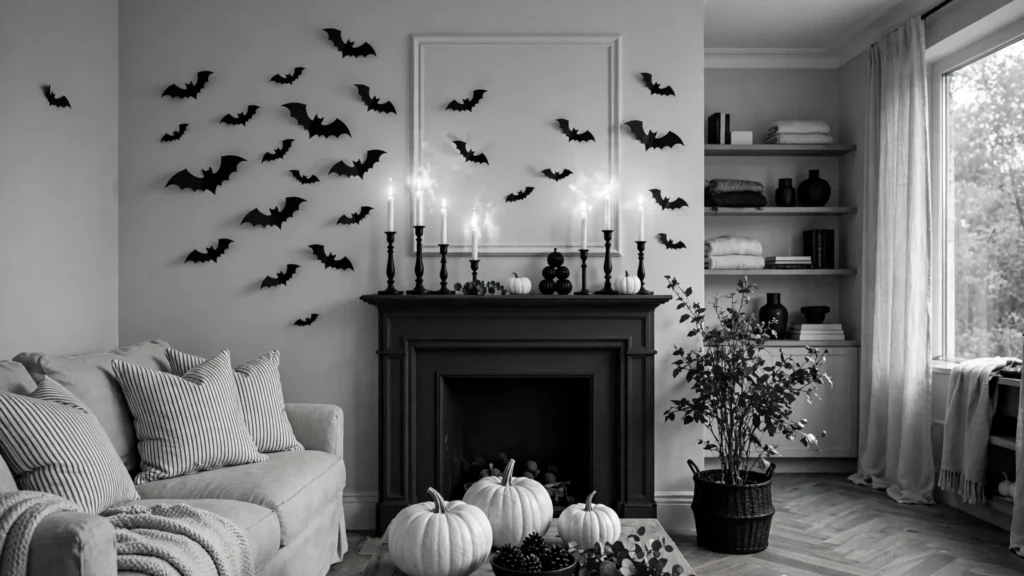 Elegant black and white Halloween living room with striped textiles, white pumpkins and black candles
