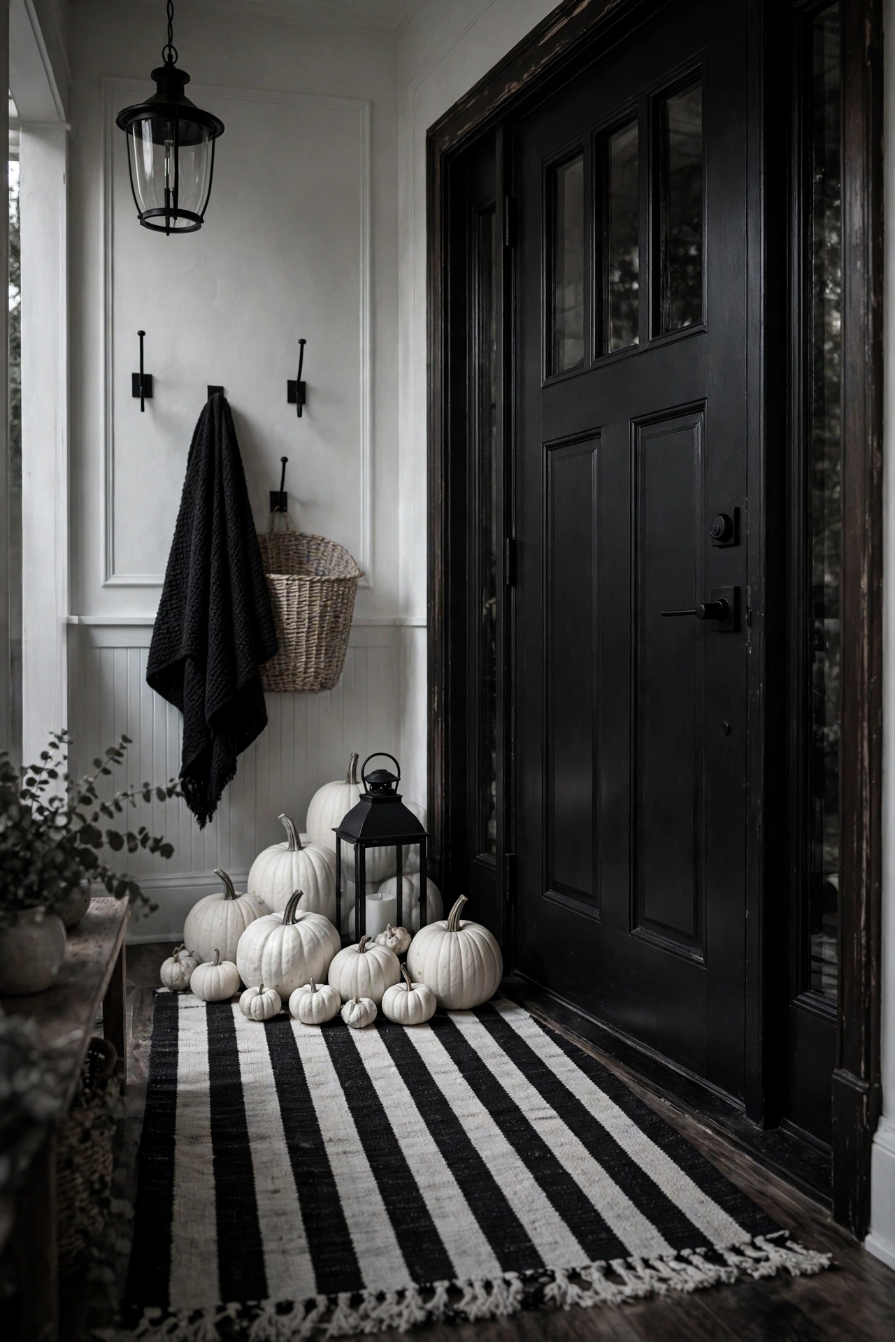 Entryway with black-and-white striped runner rug, white pumpkins and black lantern by the door