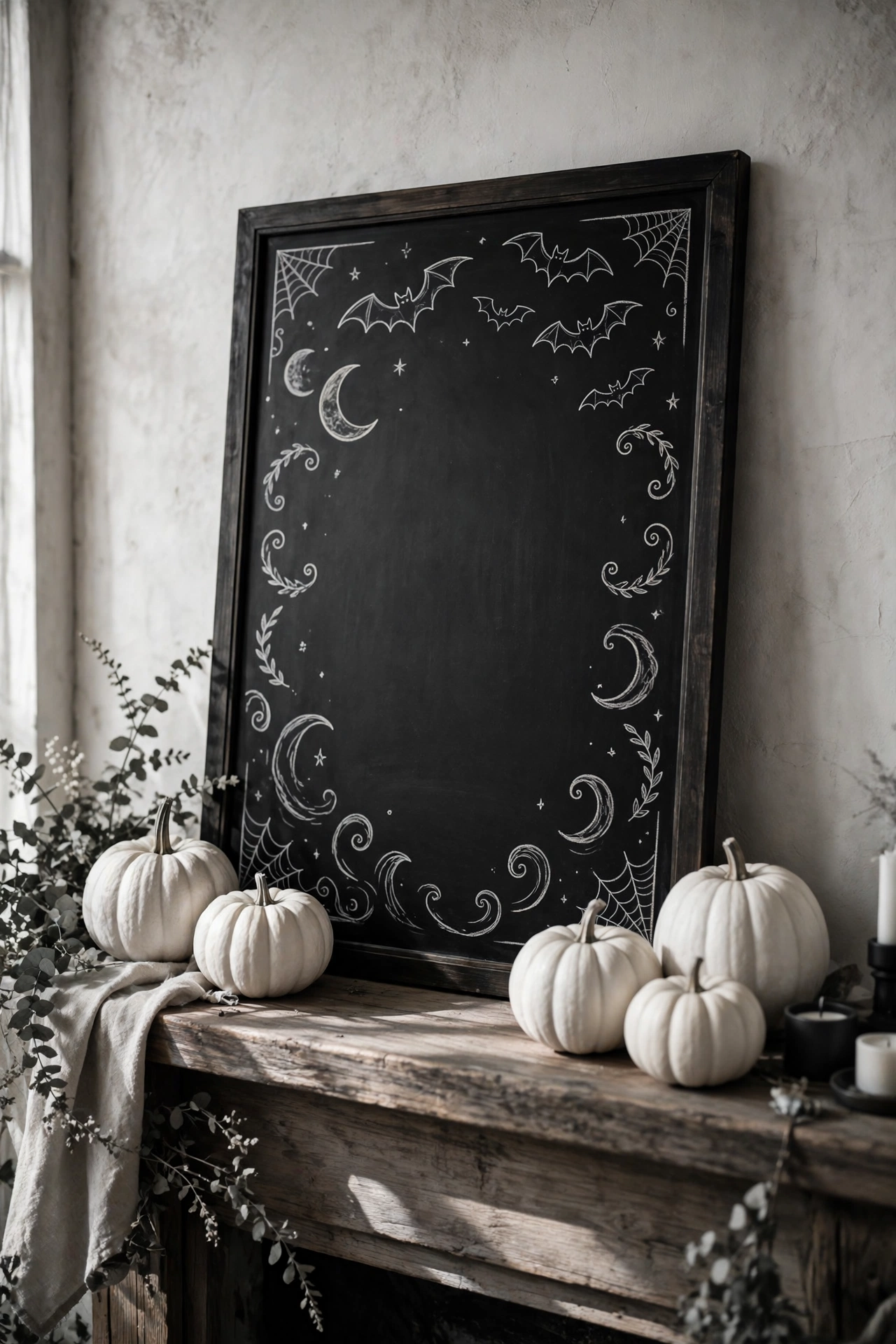 Black chalkboard with white chalk Halloween lettering leaning on a mantel