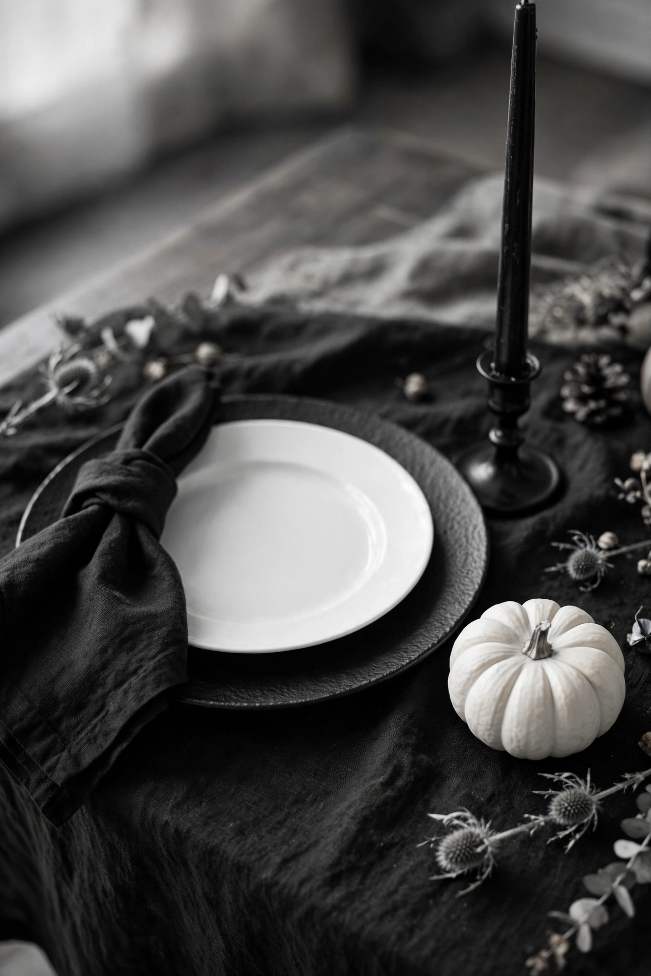 Elegant Halloween table setting with black plates, white napkins and taper candles