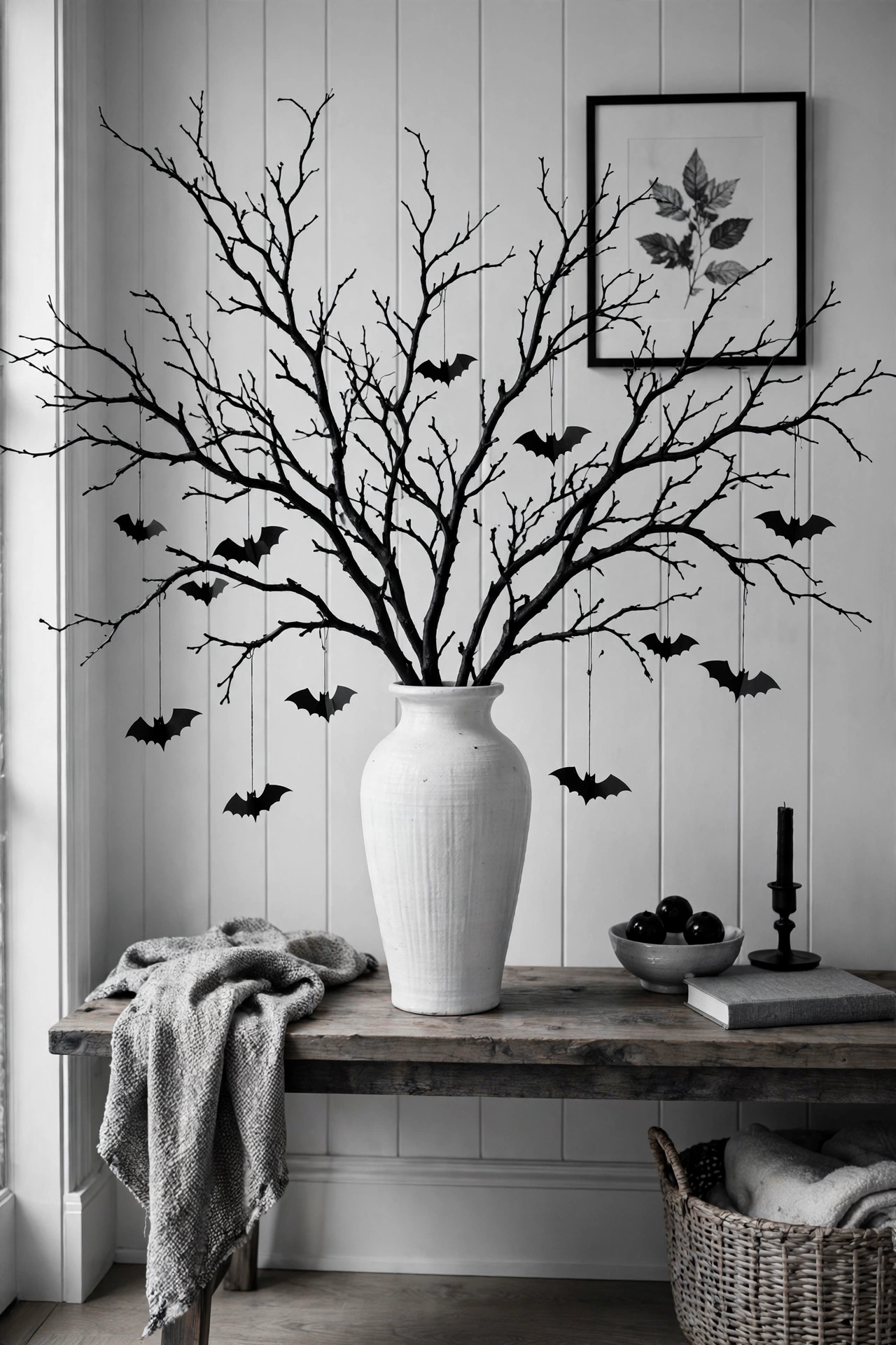Tall white vase holding spray-painted black branches with tiny paper bats