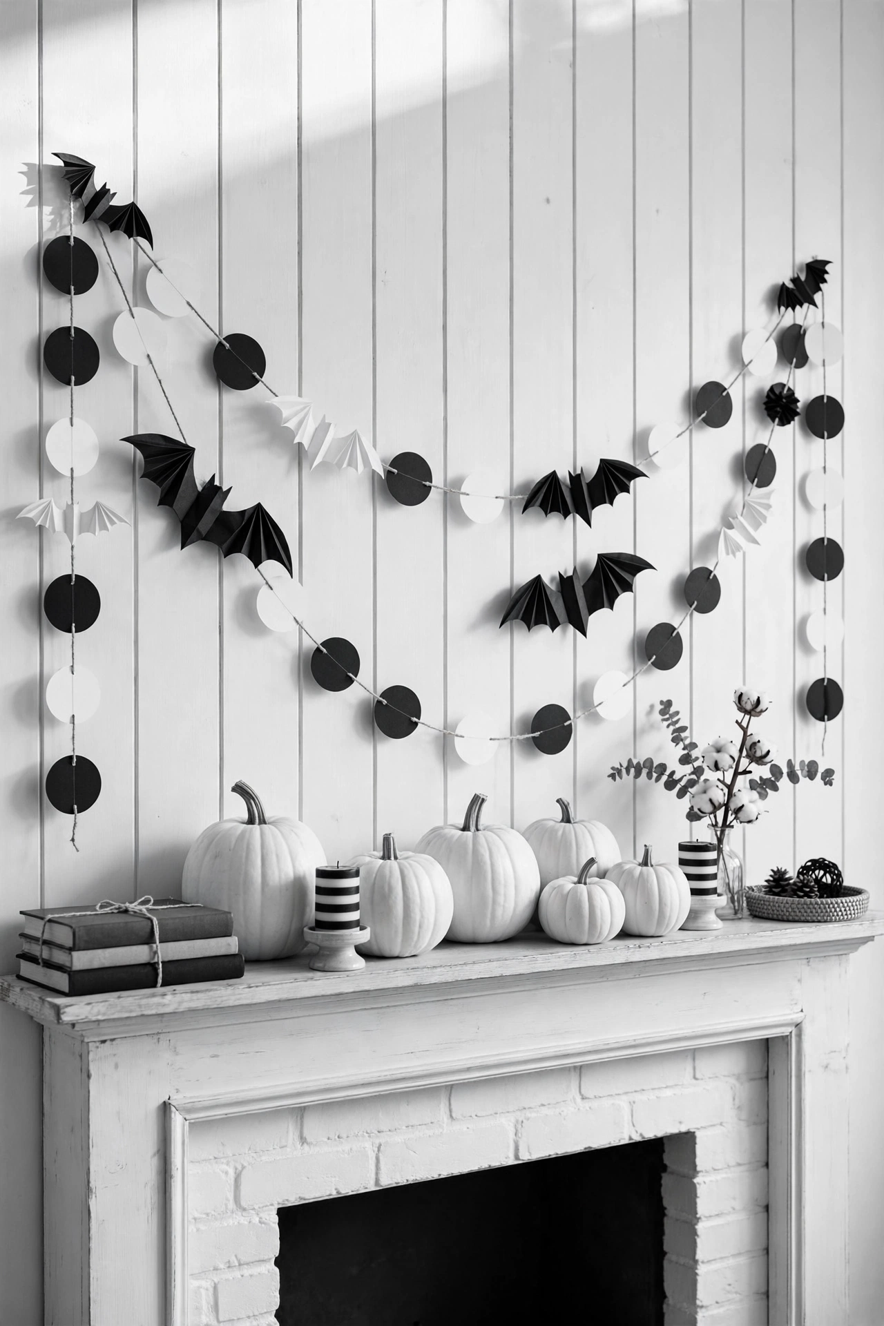 Black-and-white paper bat garland draped across a Halloween mantel