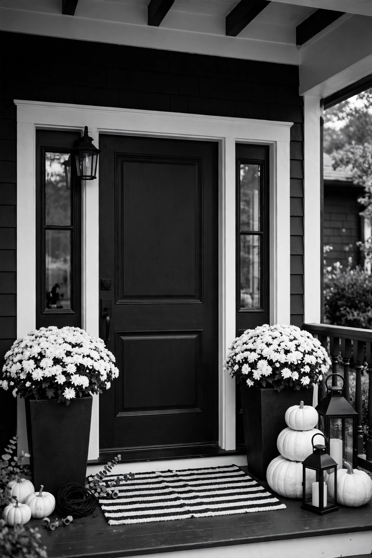 Front porch with white mums in black planters, striped doormat and white pumpkins
