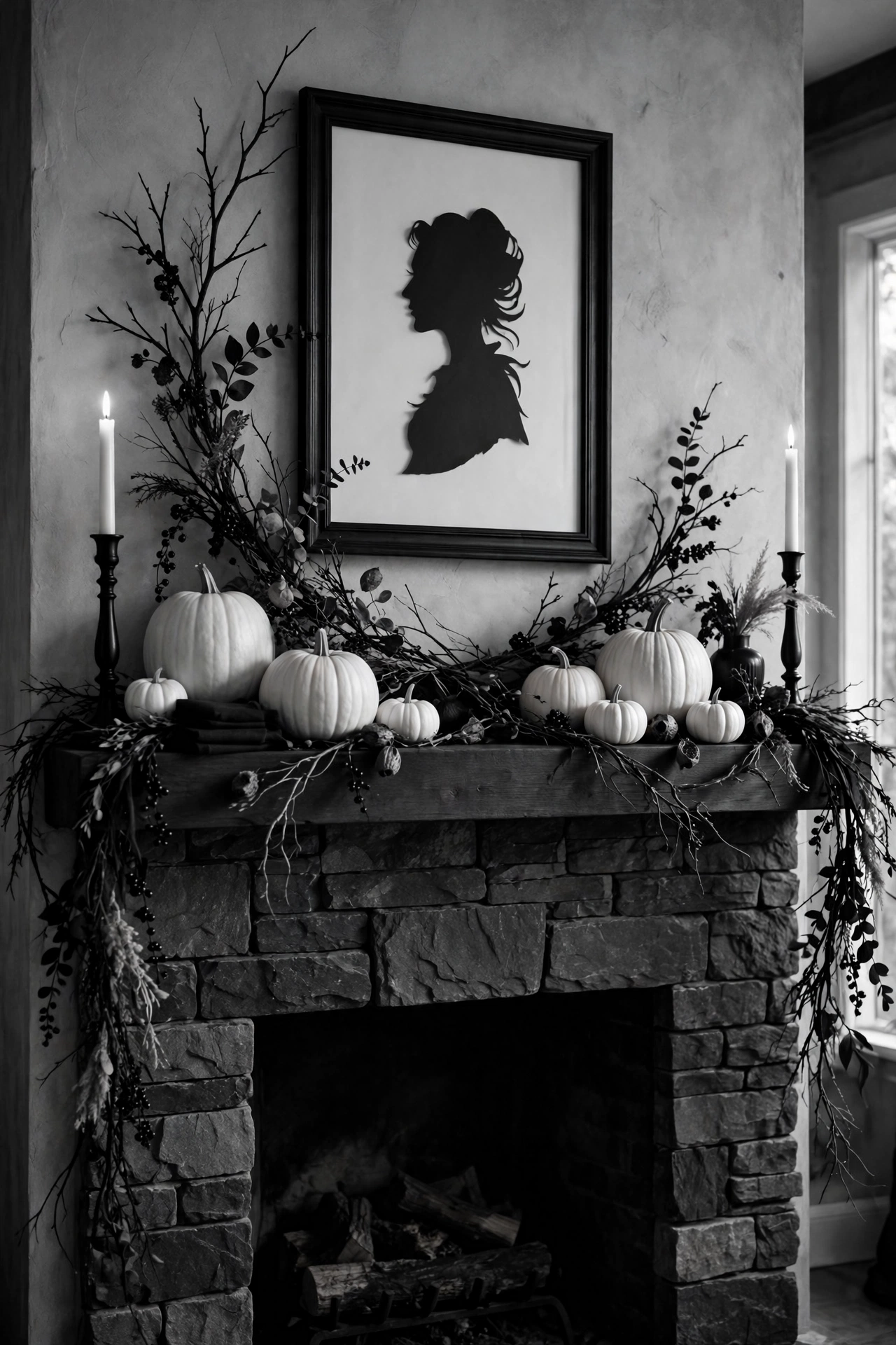 Halloween mantel styled in black and white with garland, white pumpkins and black candlesticks