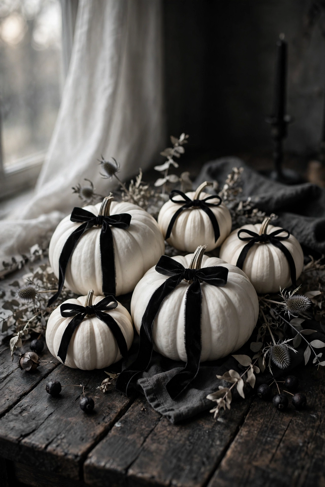 Cluster of white pumpkins tied with black velvet ribbon on a dark wooden table