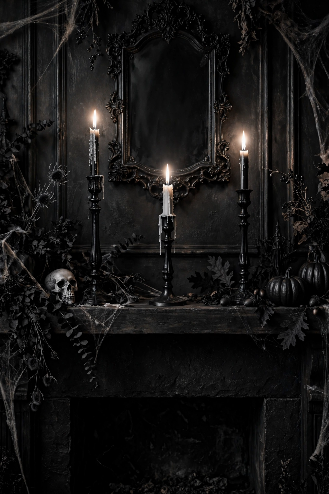 Tall black candlesticks with lit white taper candles glowing on a dark mantel