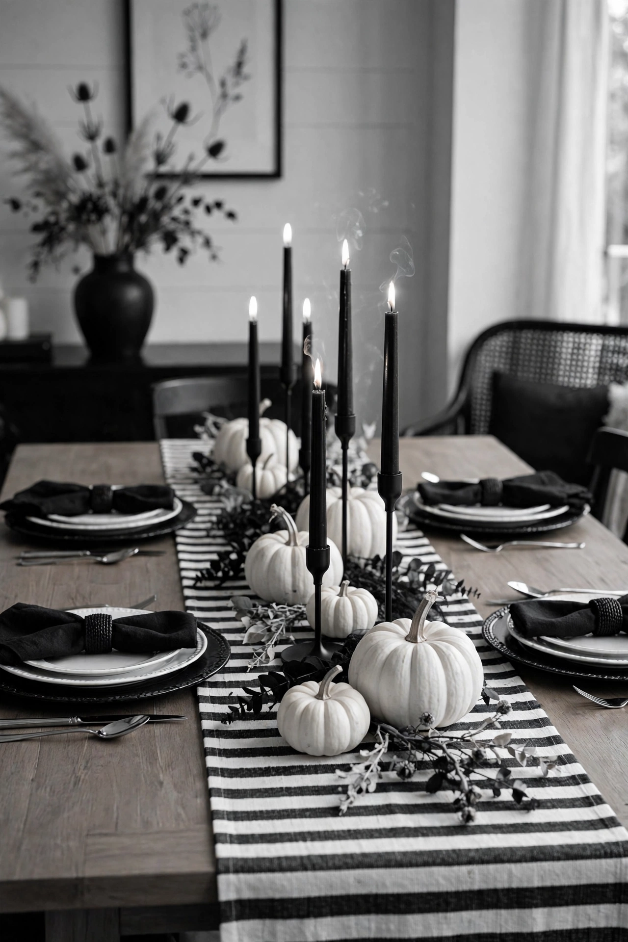 Halloween dining table with black-and-white striped runner, black chargers, white plates and candles