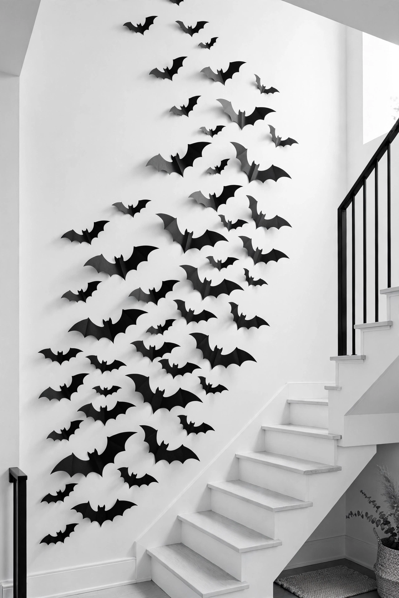 Black paper bat silhouettes swarming up a white stairwell wall for Halloween