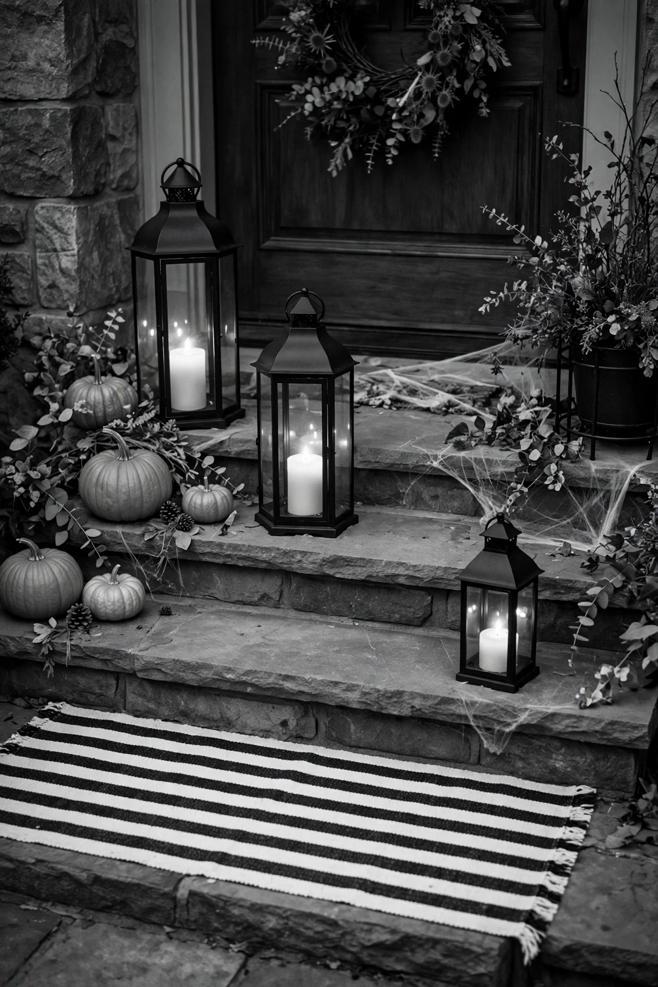 Black metal lanterns with glowing white candles on Halloween porch steps at dusk
