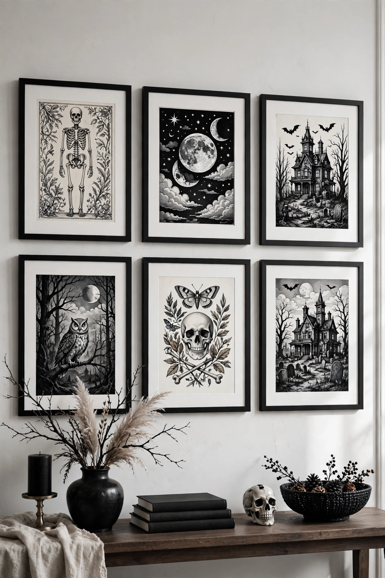 Gallery wall of black-framed Halloween prints with white mats on a light wall