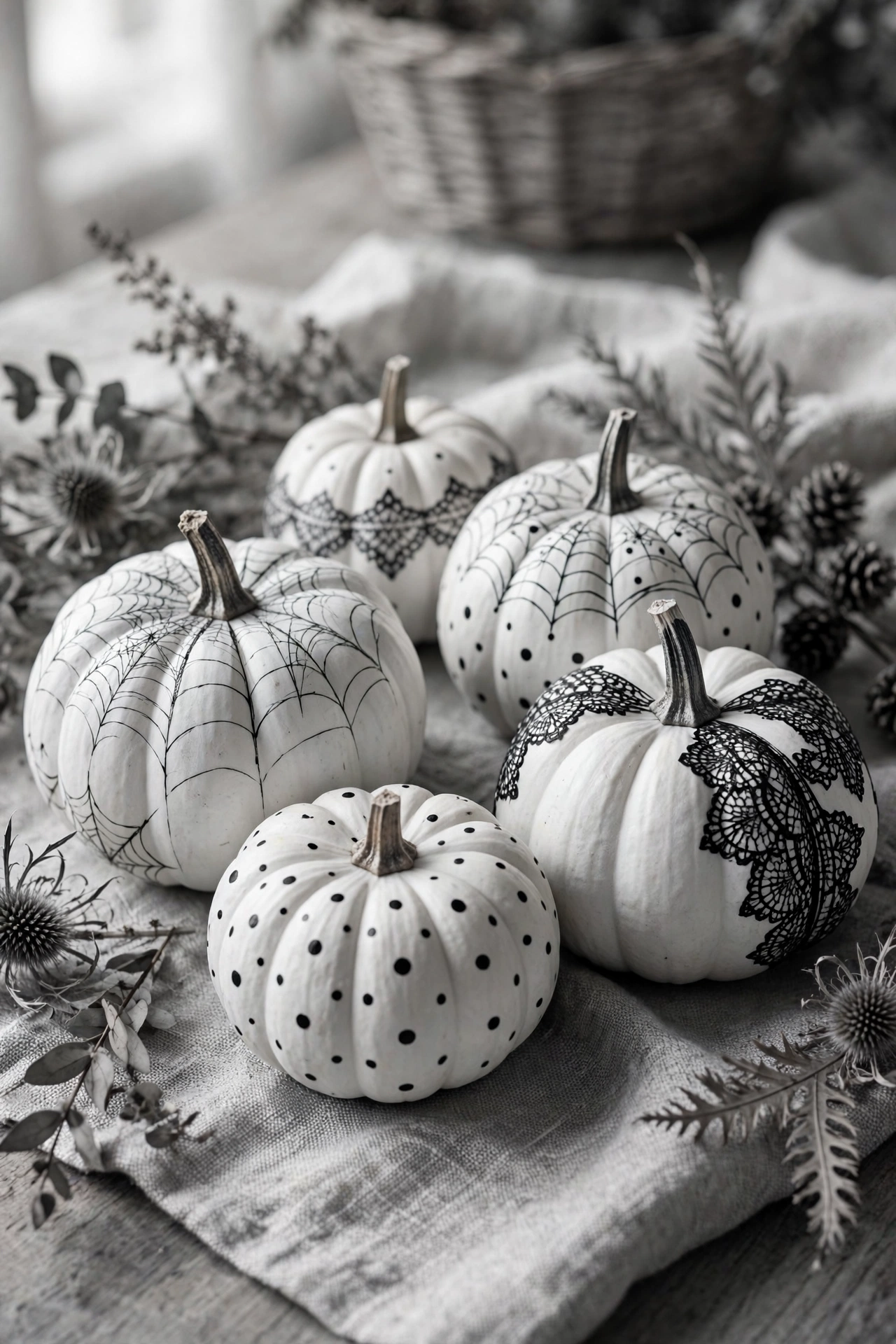 White pumpkins hand-painted with black spiderweb and polka dot patterns