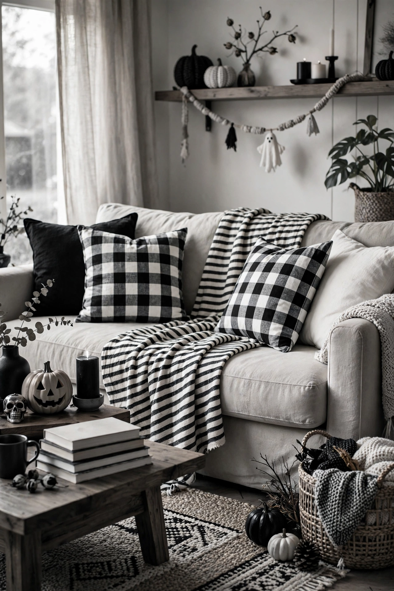 Sofa styled with black-and-white buffalo check and striped throw pillows for Halloween