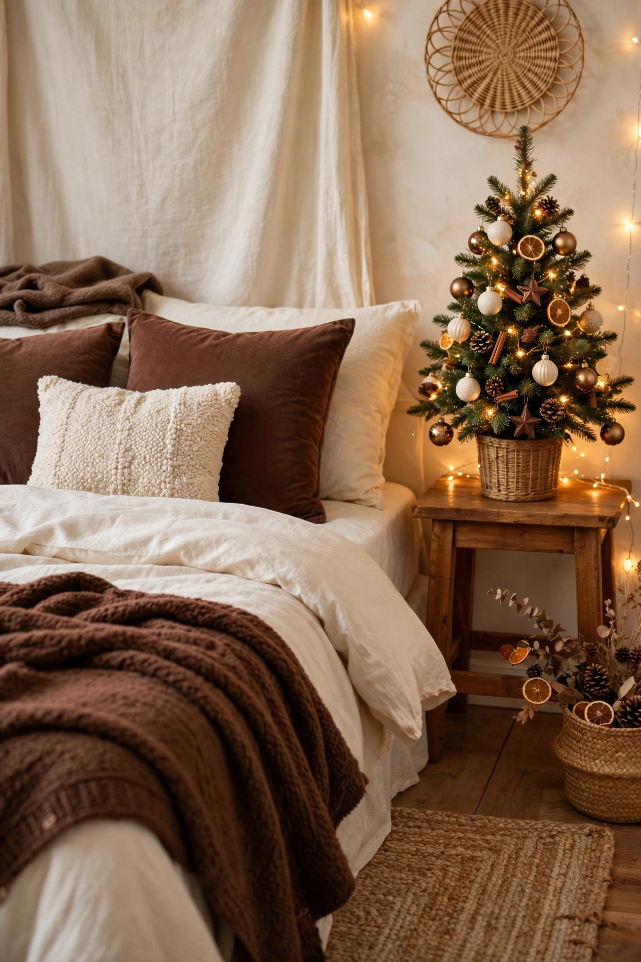 Cozy bedroom with cream bedding, a chocolate-brown throw and cushions, and a small Christmas tree with cream and bronze ornaments on a bedside table