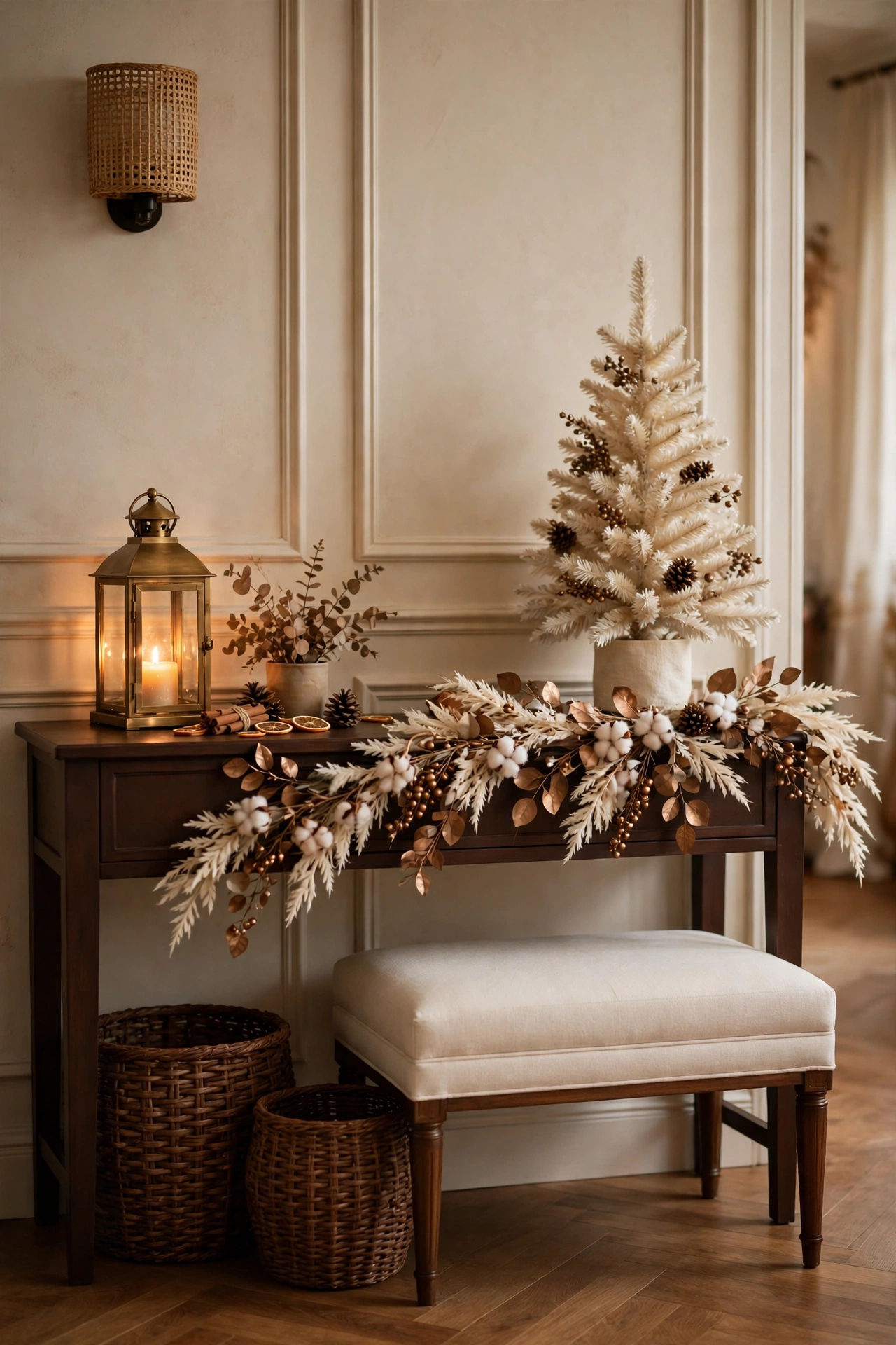 Entryway console table with a cream bench, chocolate woven baskets, cream and bronze garland and a small cream Christmas tree