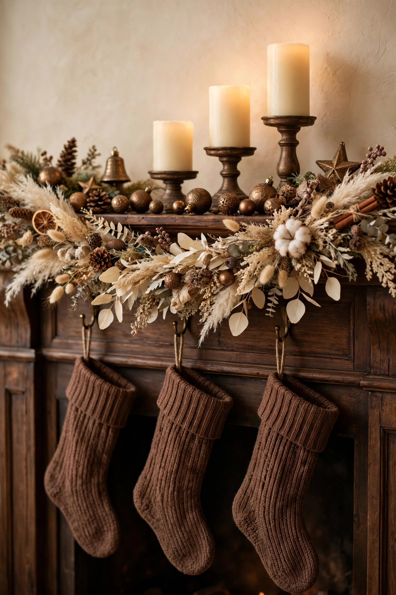 Fireplace mantel decorated with cream garland, chocolate stockings, cream candles in bronze holders and small bronze ornaments
