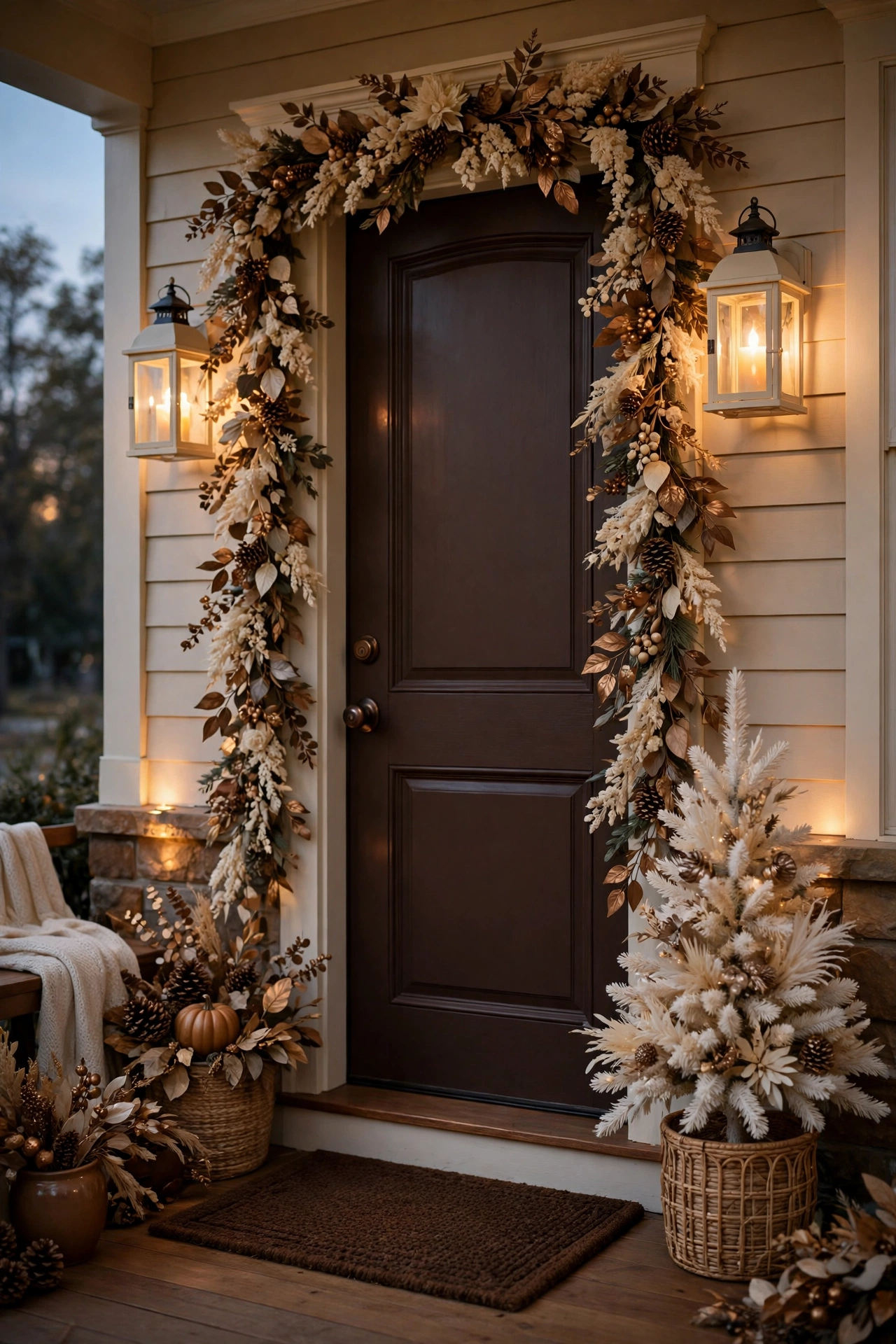Front porch at dusk with cream lanterns, a chocolate doormat, cream and bronze garland around the door and a small cream Christmas tree in a basket