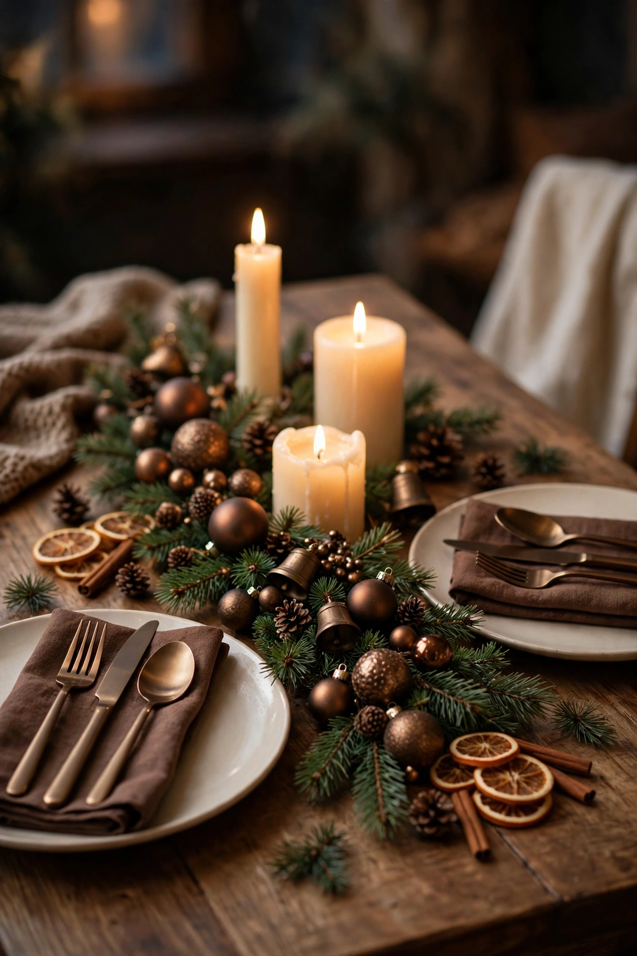 Christmas dining table set with cream plates, chocolate linen napkins, bronze cutlery, cream candles and pine sprigs